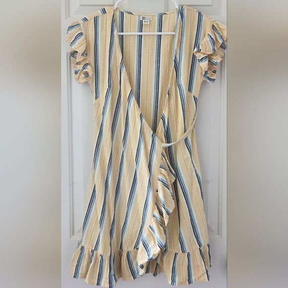 Billabong Wrap And Roll Mini Wrap Yellow Dress Striped Self Ties Women's Size XS - Picture 1 of 8